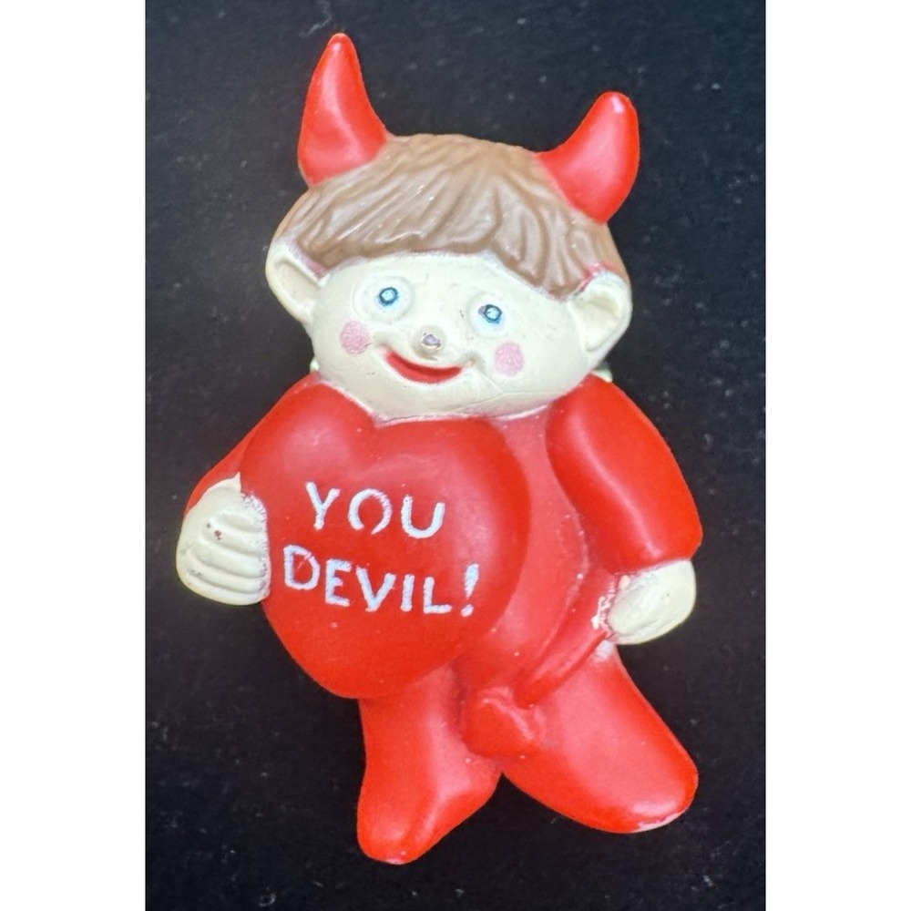 Vintage Valentine Devil Brooch Pin "You Devil!" Red Plastic Figural
